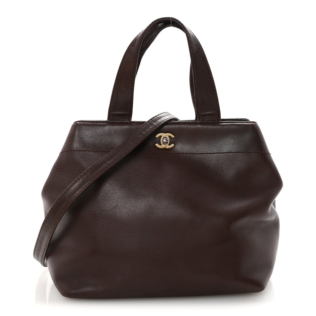 Calfskin Turnlock Shopper Tote Brown