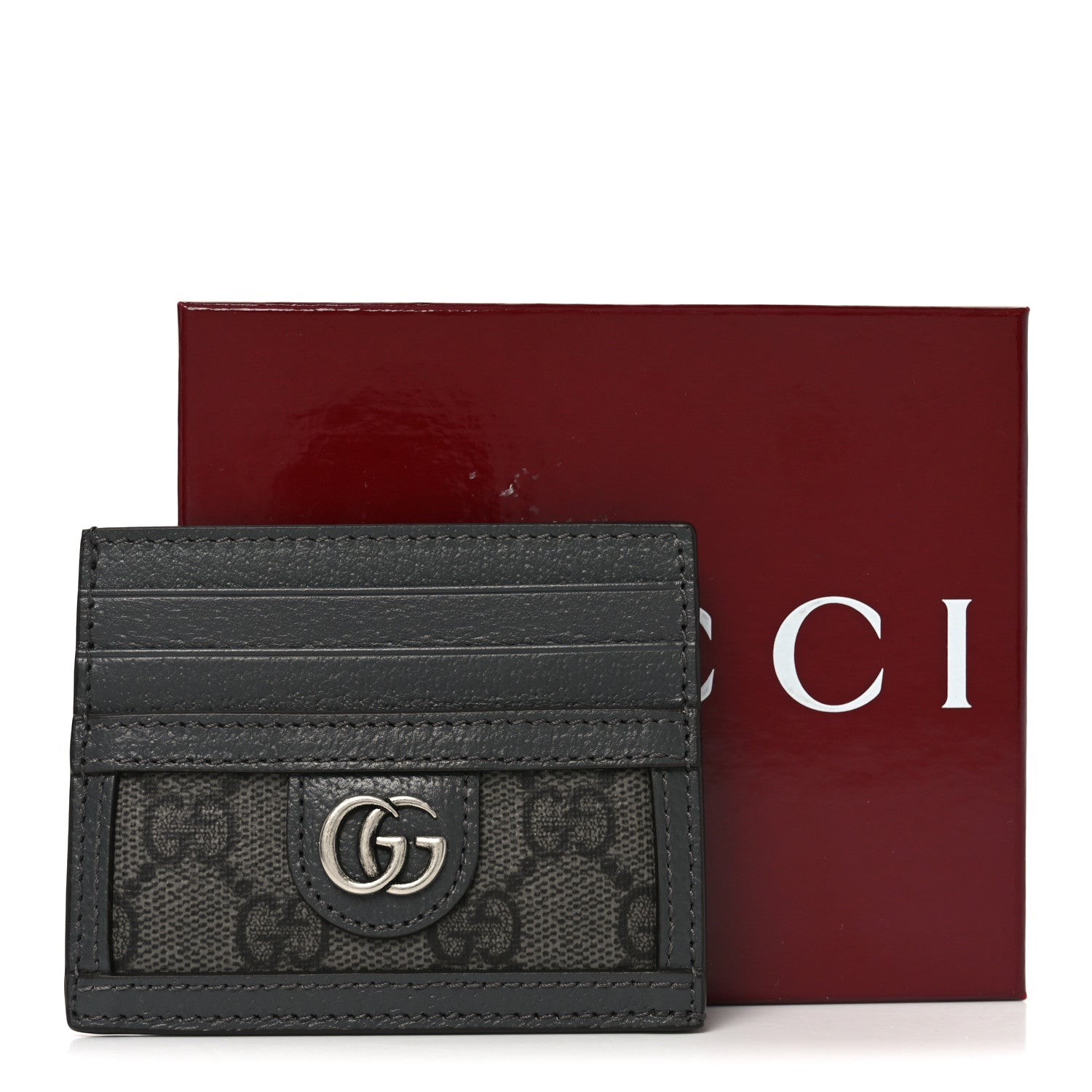 GG Supreme Monogram Textured Dollar Calfskin Ophidia  Holder Grey Black Graphite Grey