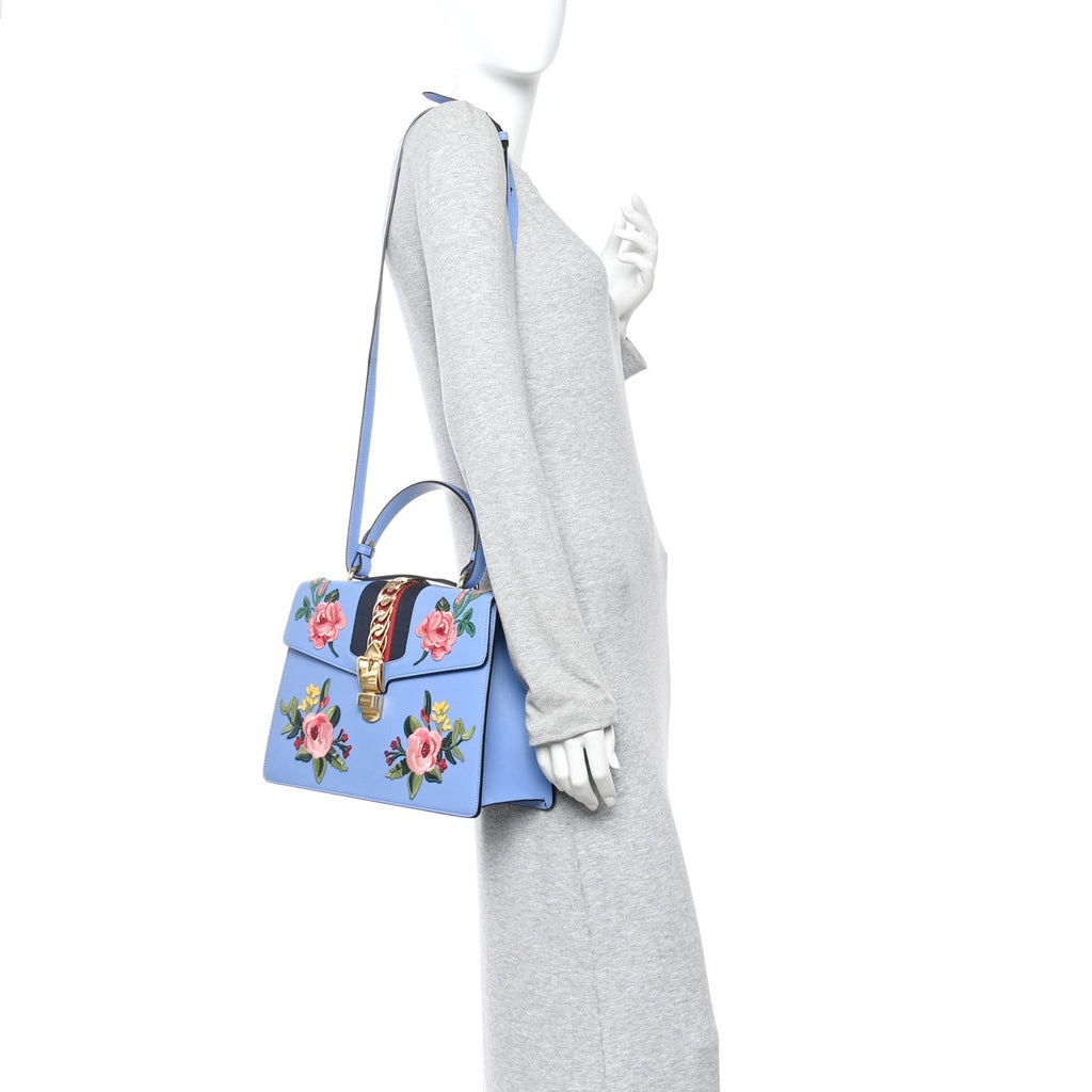 Calfskin Embroidered Medium Sylvie Top Handle Bag Clear Sky Blue