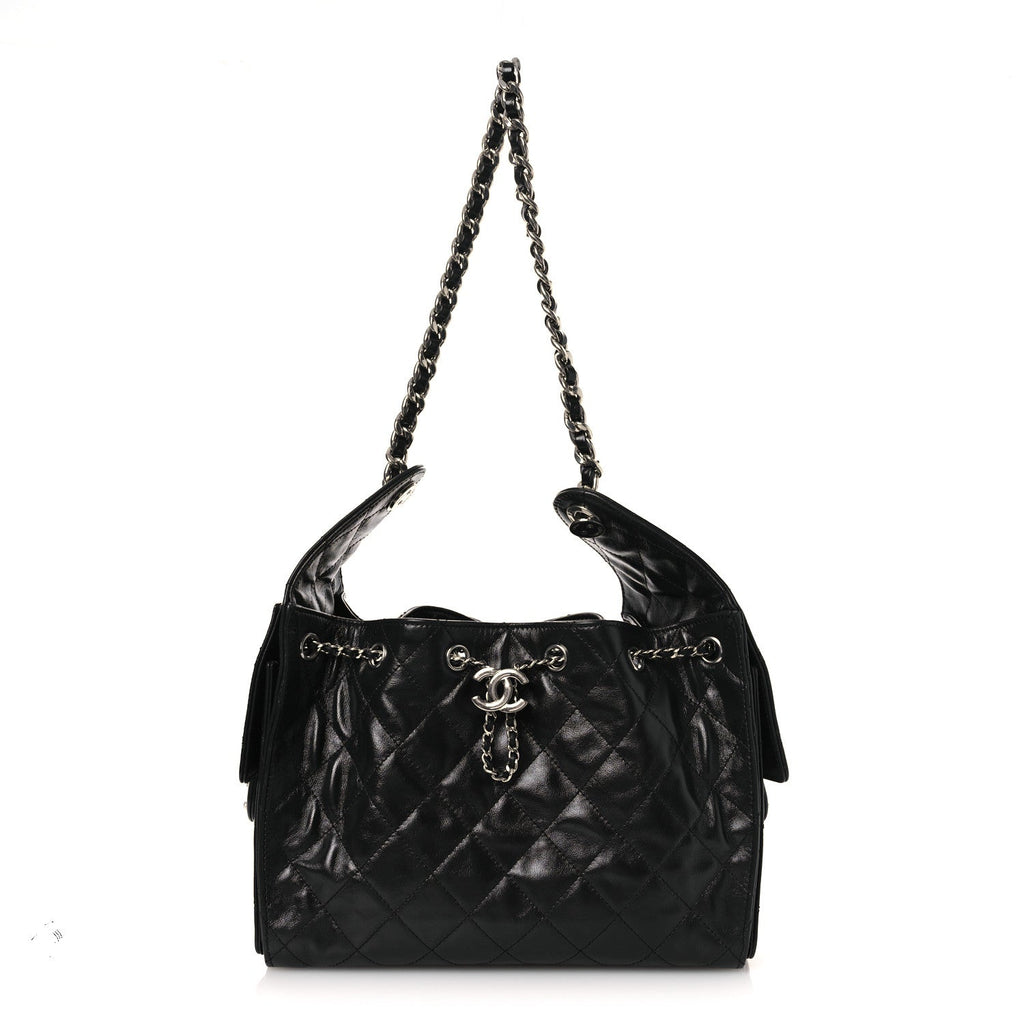 Shiny Crumpled Calfskin Quilted Small Chanel 25 Handbag Black