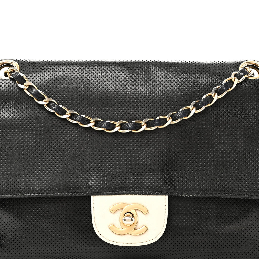Lambskin Perforated Medium Single Flap Bag Black White