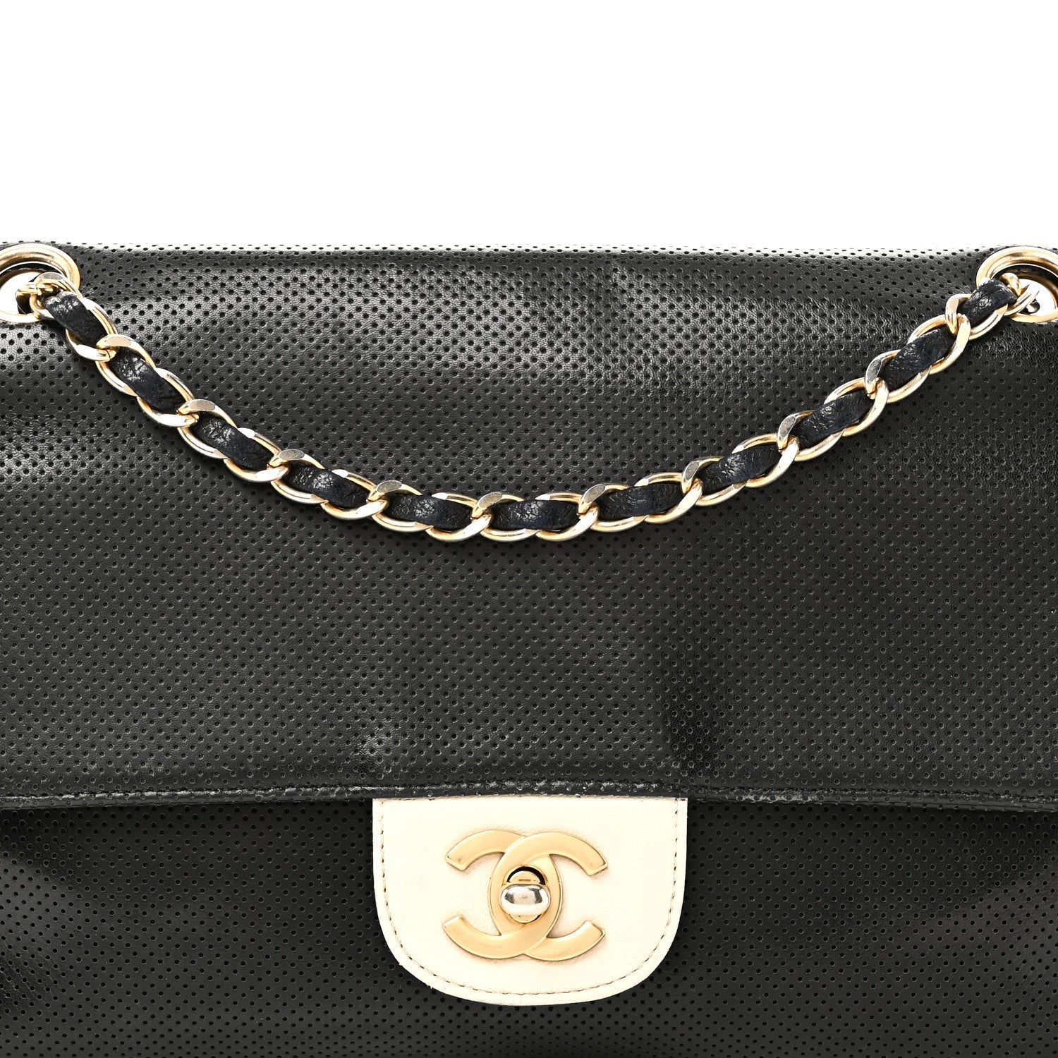 Lambskin Perforated Medium Single Flap Bag Black White