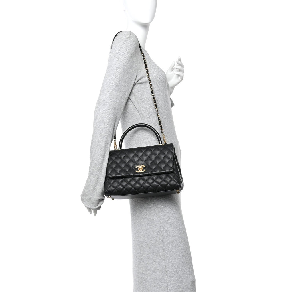 Caviar Lizard Embossed Quilted Small Coco Handle Flap Black