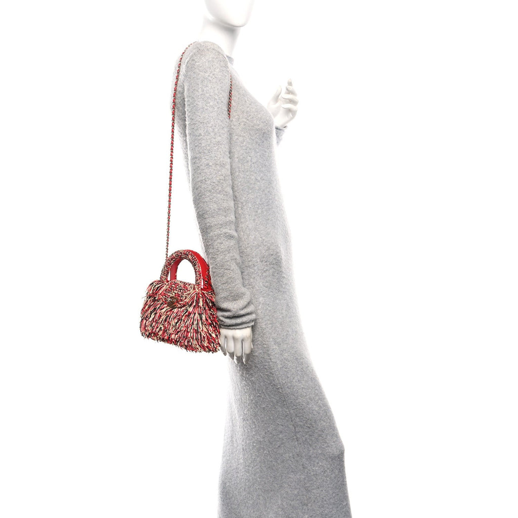 Raffia Fringe Nano Kelly Shopper Red Beige Black