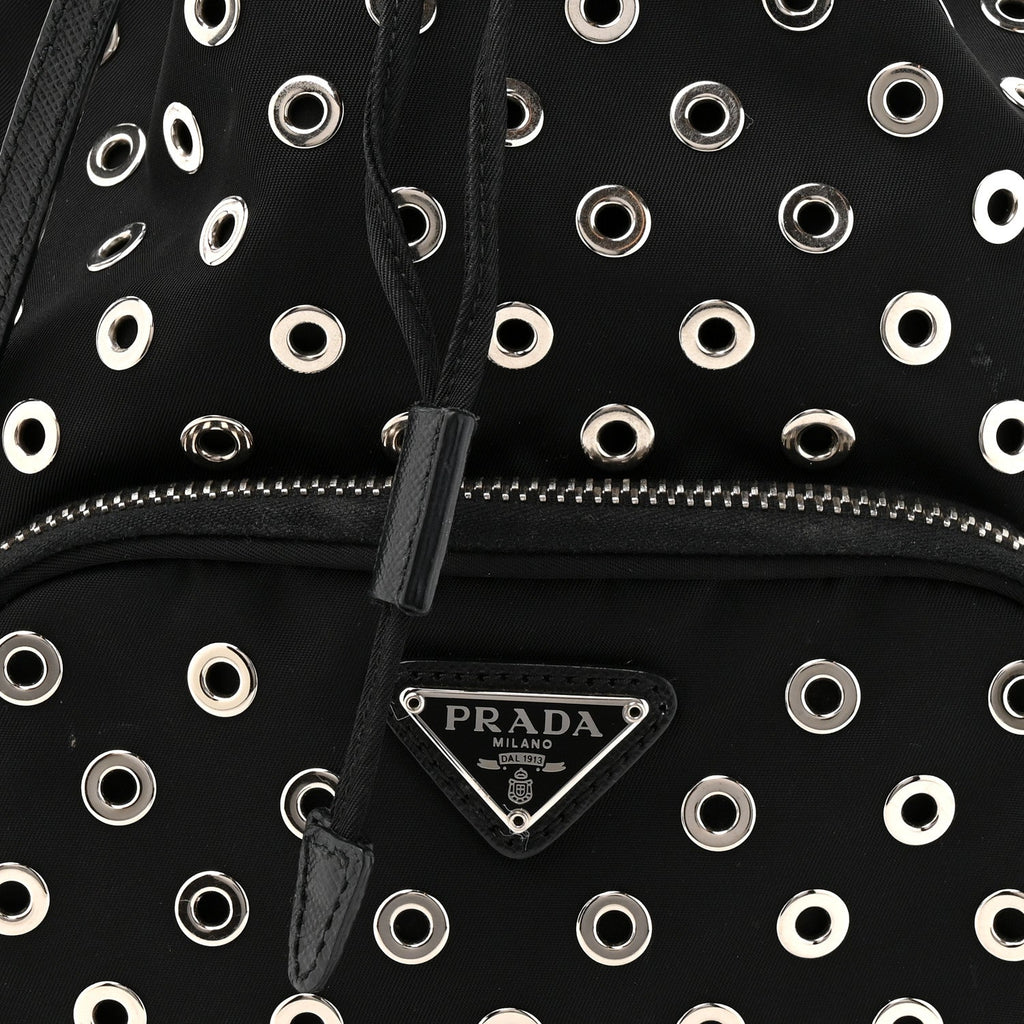 Tessuto Nylon Saffiano Grommets Mini Bucket Crossbody Bag Black