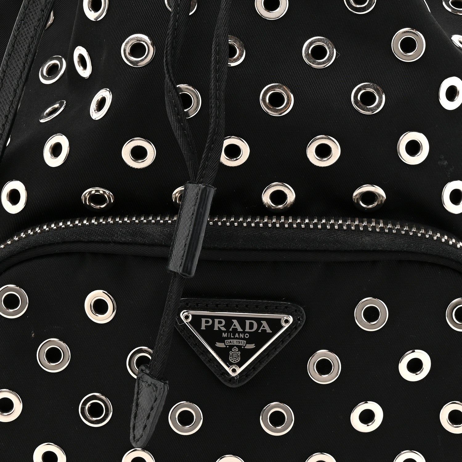 Tessuto Nylon Saffiano Grommets Mini Bucket Crossbody Bag Black
