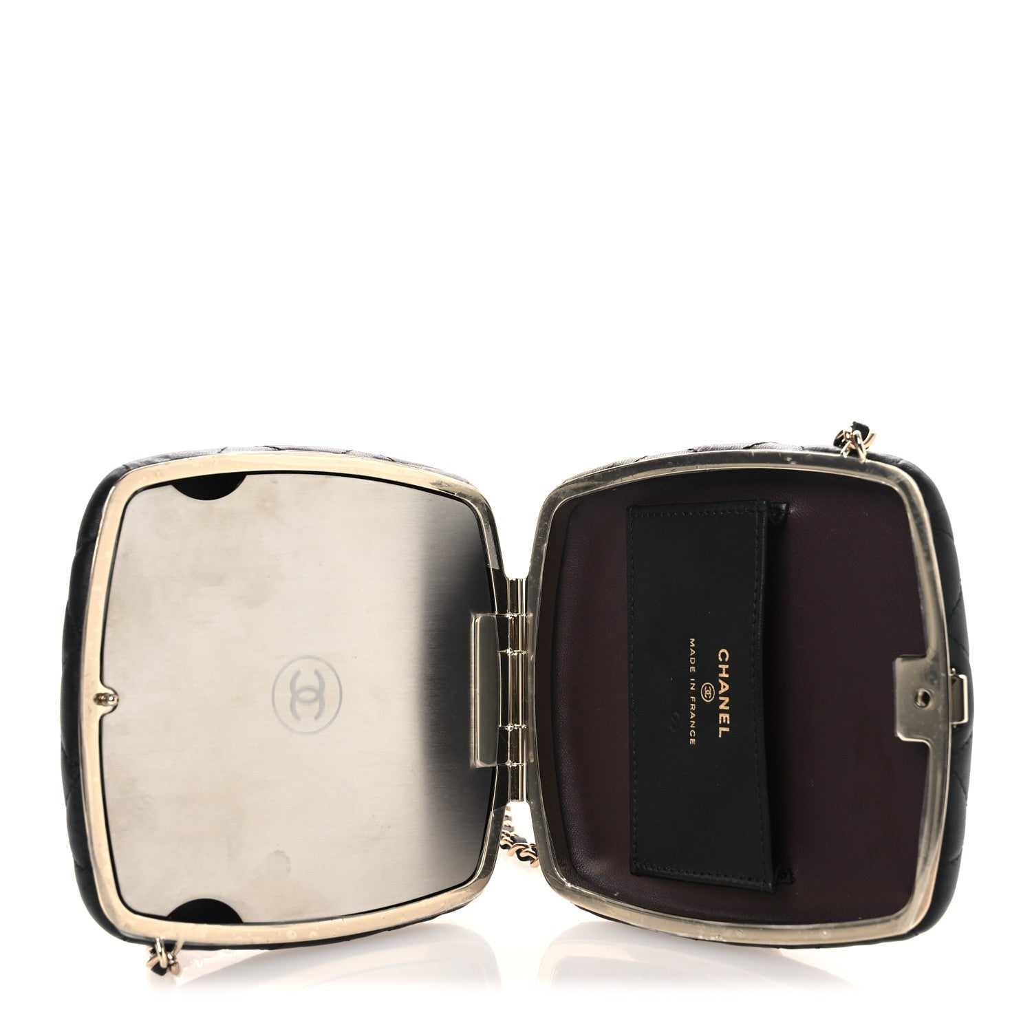 Lambskin Quilted Compact Vanity Case Purse With Chain Black