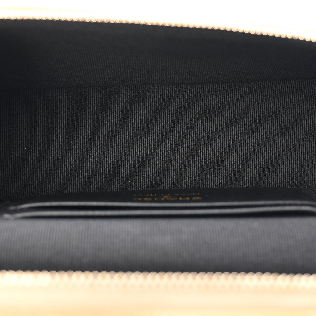 Suede Calfskin Shiny Lambskin Quilted Top Handle Slim Vanity Case With Chain Beige Black
