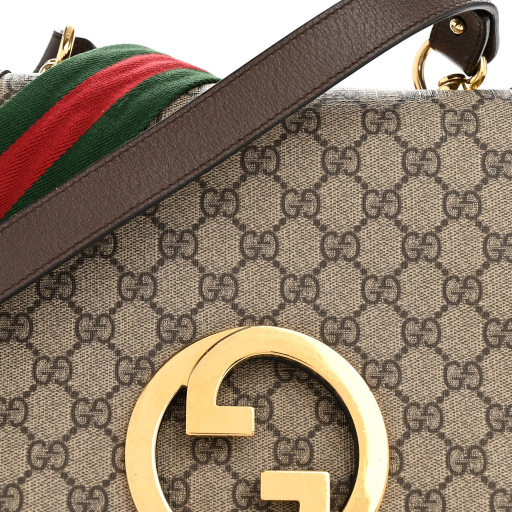 GG Supreme Monogram Textured Dollar Calfskin Web Medium Blondie Shoulder Flap Bag Beige Ebony New Acero
