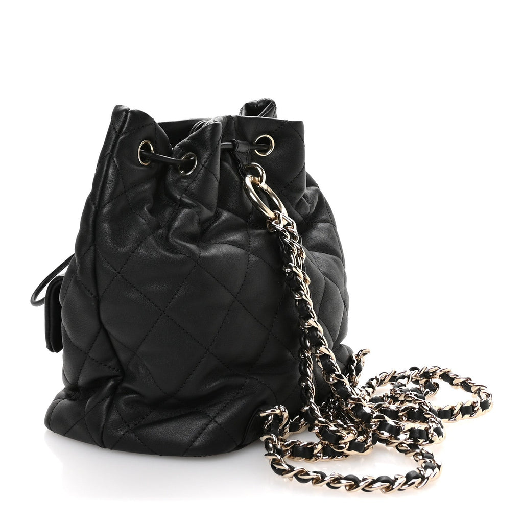 Lambskin Quilted Double Pocket Drawstring Backpack Black