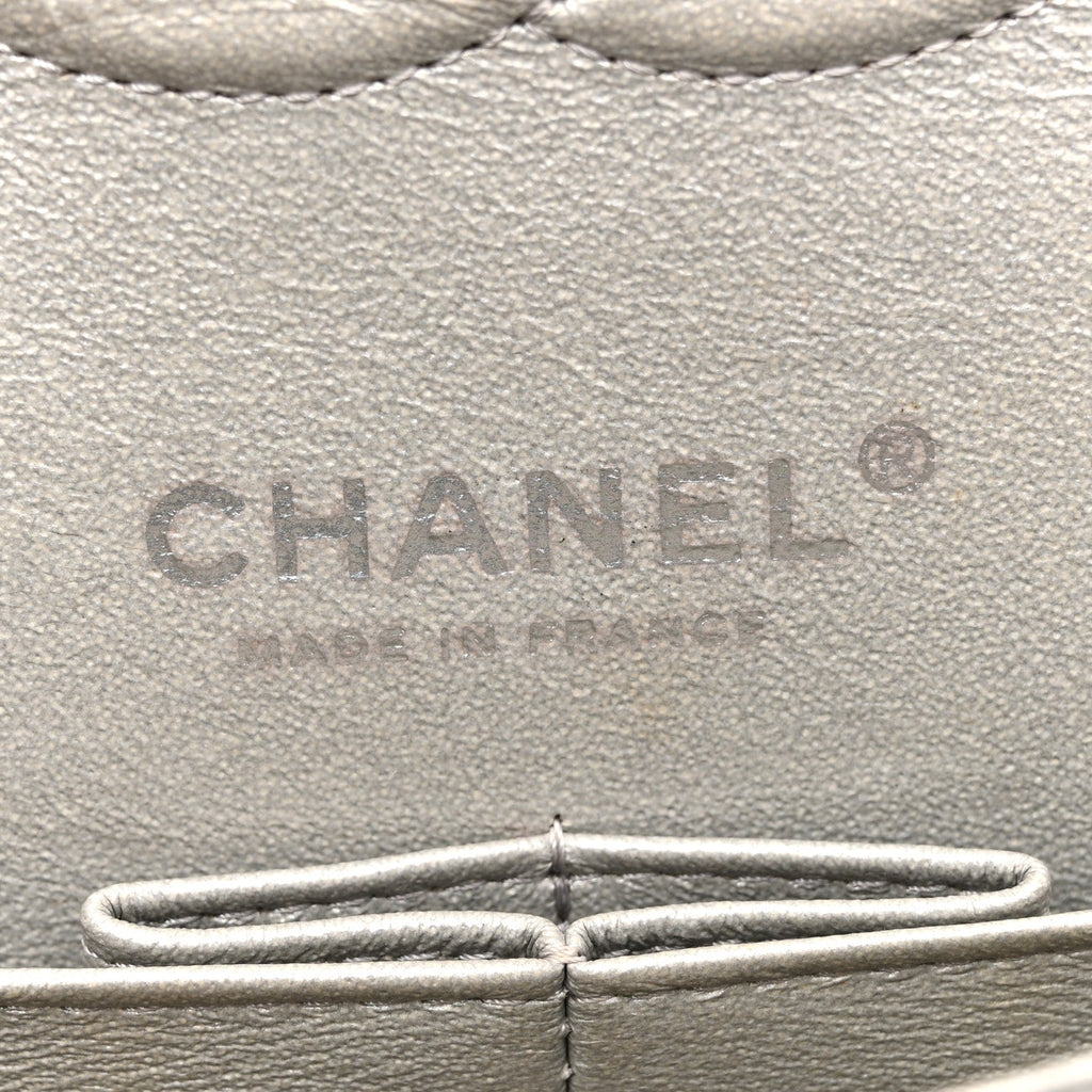 Metallic Patent Crumpled Calfskin Chevron Quilted Medium Double Flap Silver