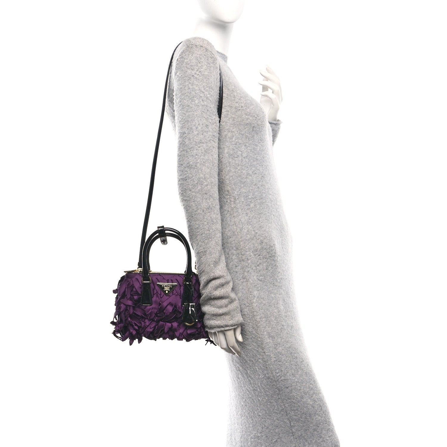 Satin Feathered Vernice Mini Galleria Double Zip Tote Black Prugna