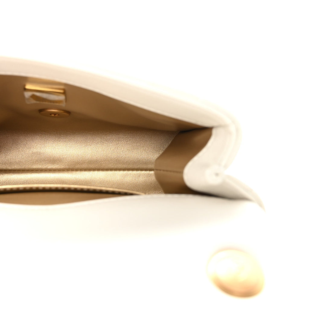 Shiny Lambskin Quilted Enamel CC Small Flap White
