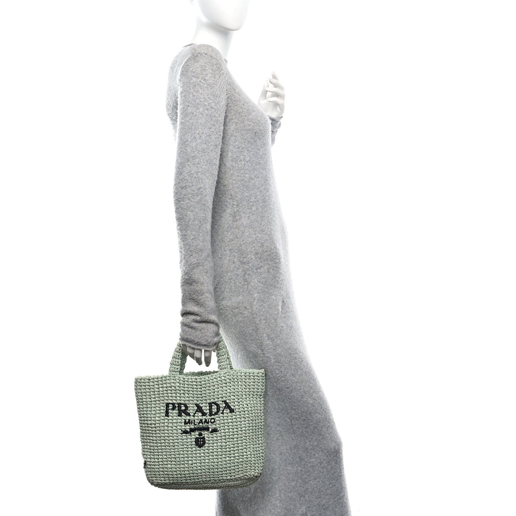 Yarn Raffia Effect Crochet Small Logo Tote Acqua