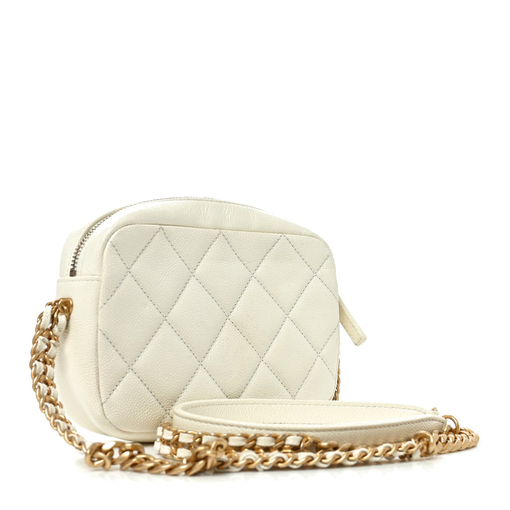 Shiny Caviar Quilted Chain Melody Camera Bag White