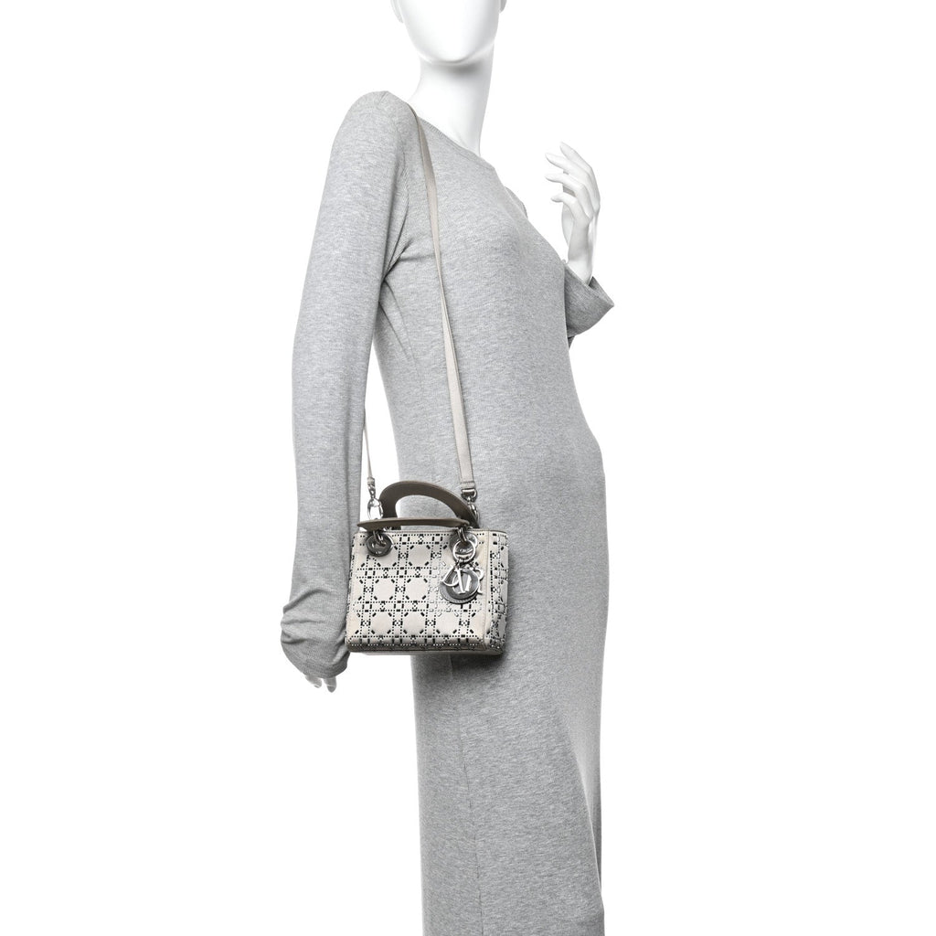 Satin Crystal Cannage Mini Lady Dior Gray