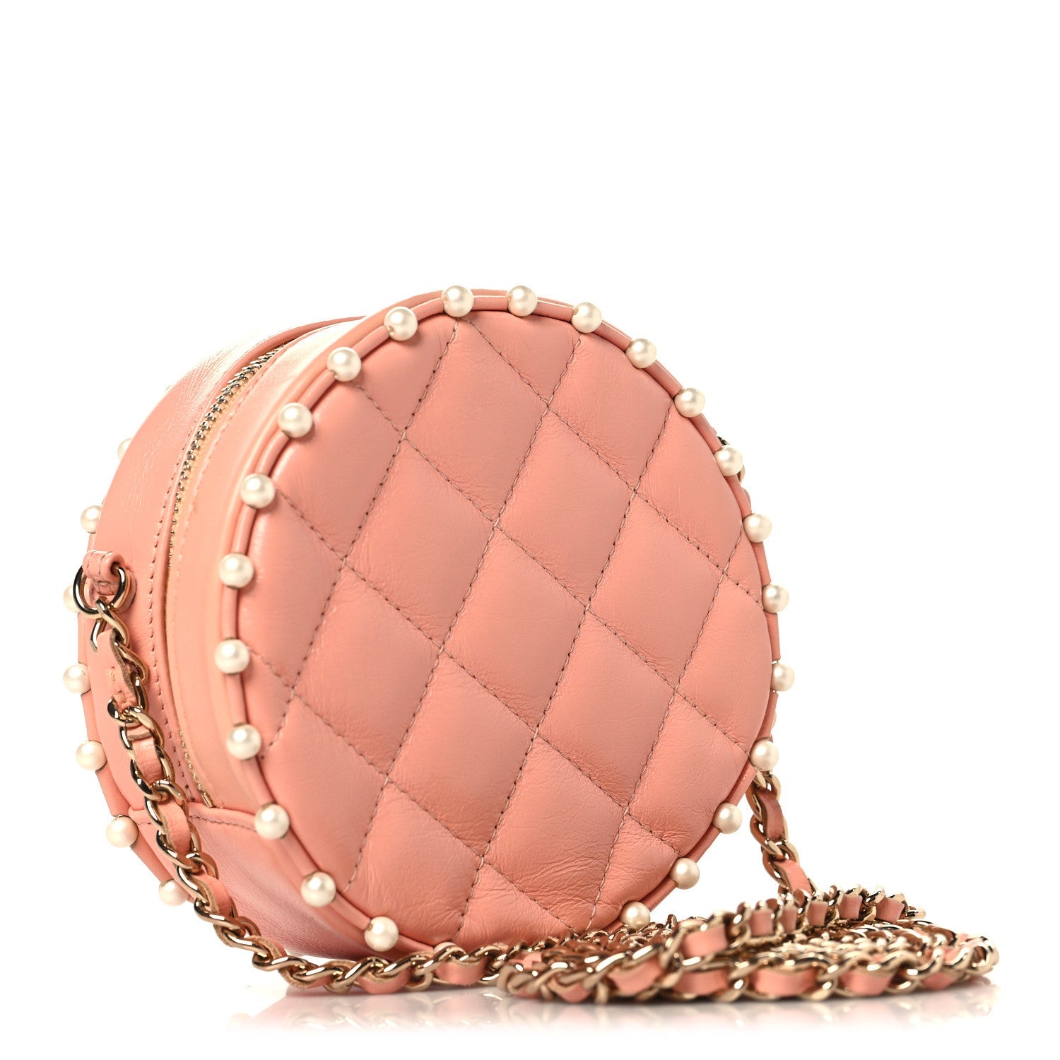Calfskin Quilted Pearl Round Clutch With Chain Pink