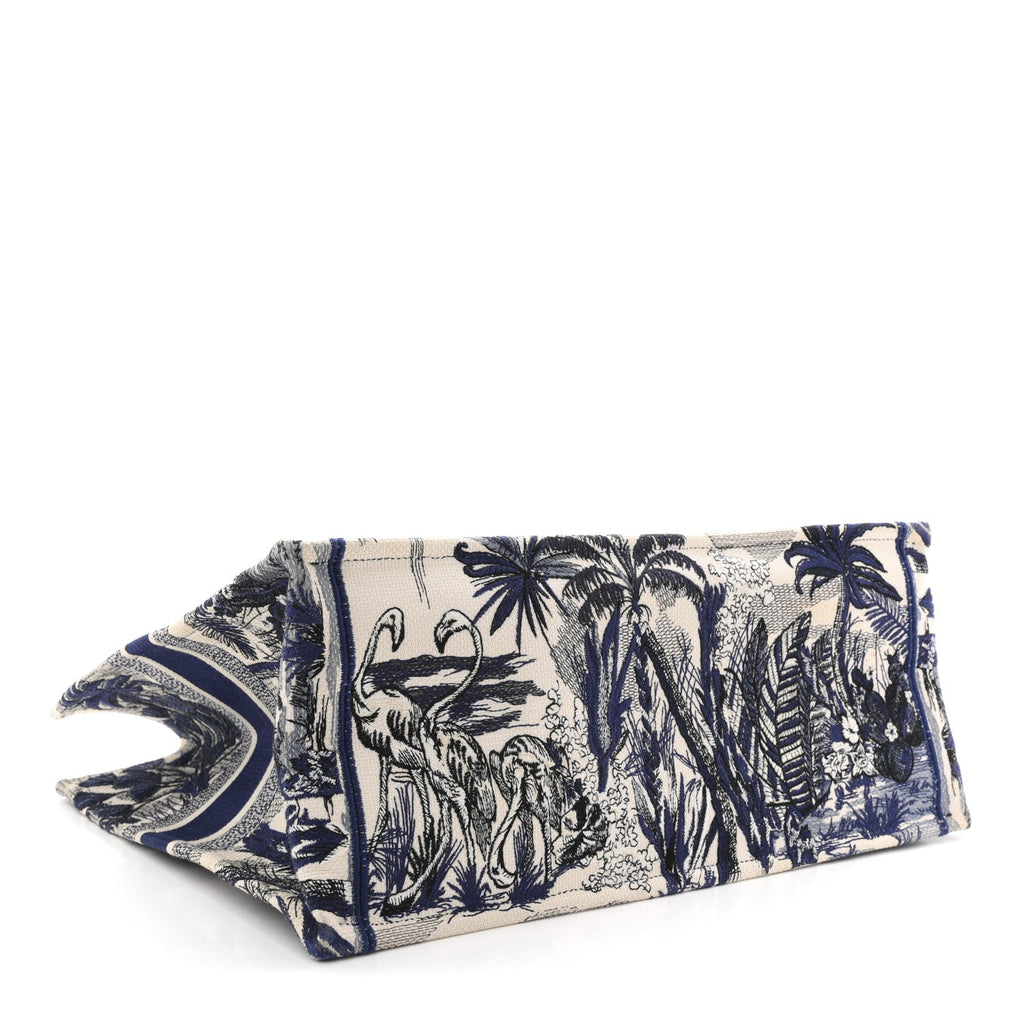 Canvas Embroidered Large Palm Tree Toile De Jouy Book Tote Blue