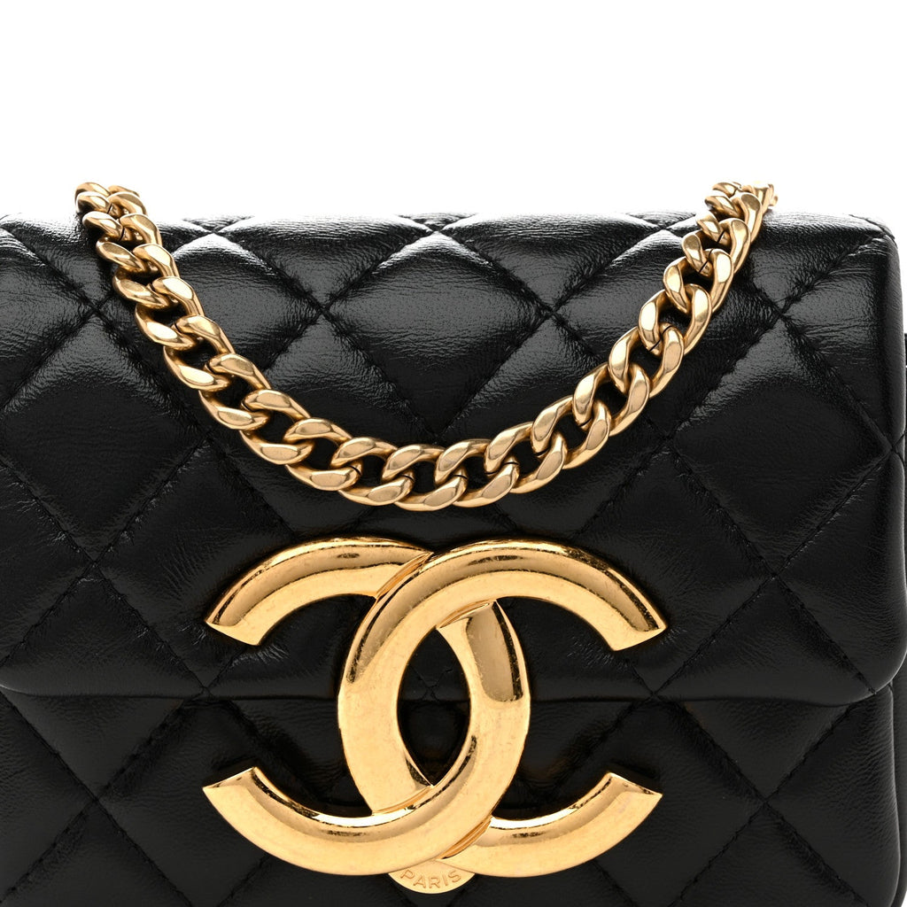 Shiny Crumpled Lambskin Quilted Mini Giant CC Flap Black