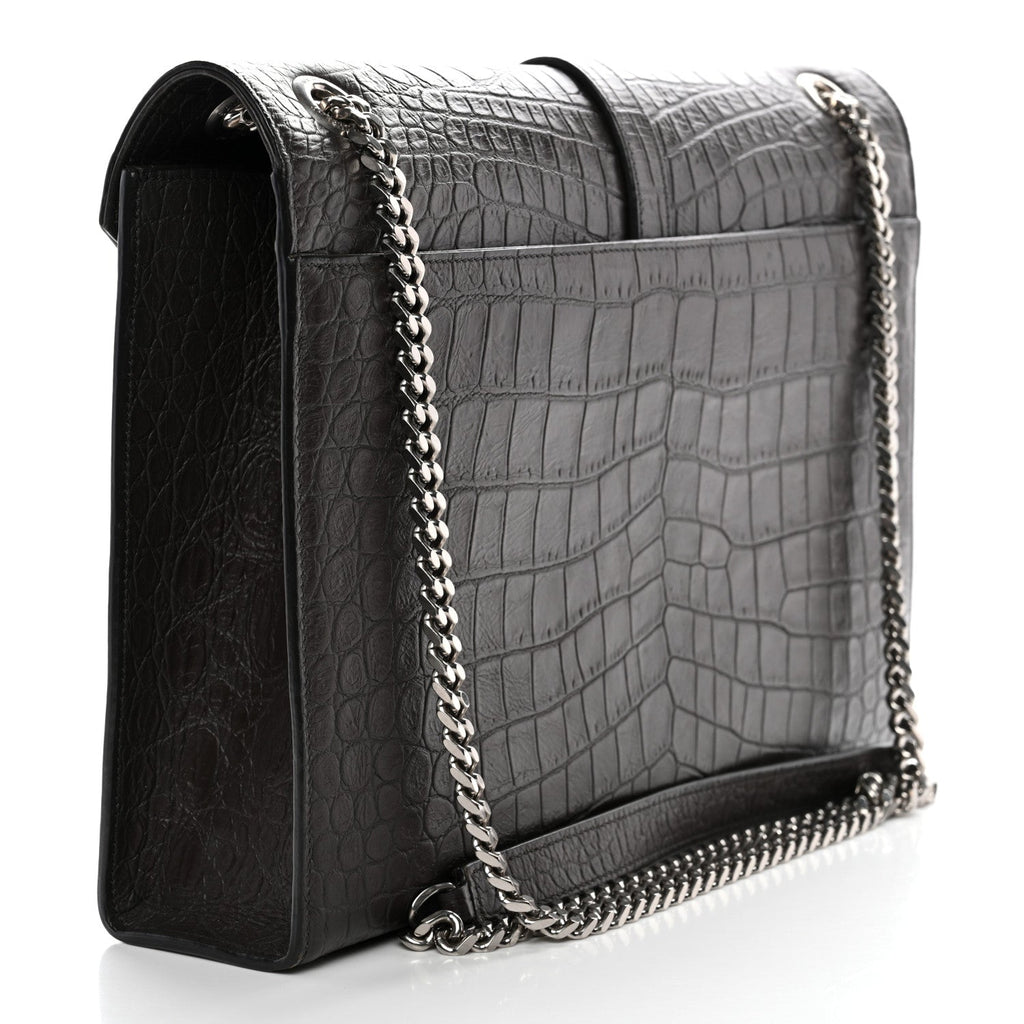 Calfskin Crocodile Embossed Large Monogram Satchel Dark Brown