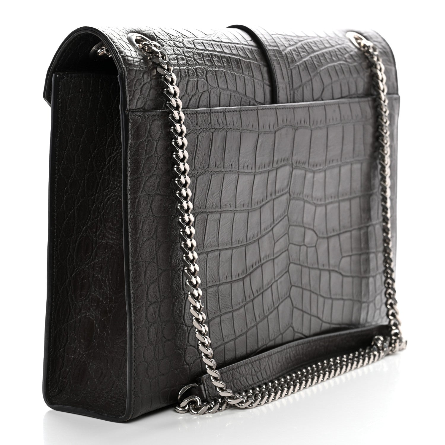 Calfskin Crocodile Embossed Large Monogram Satchel Dark Brown