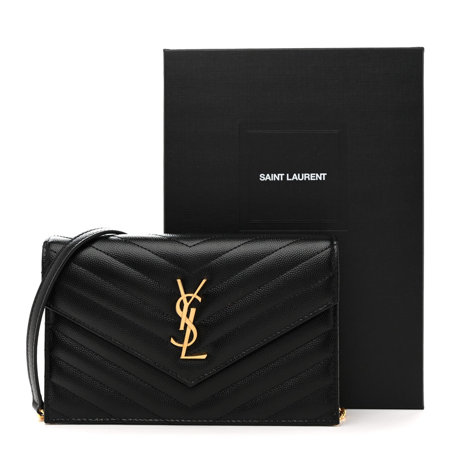Grain De Poudre Matelasse Chevron Monogram Envelope Chain Wallet Black
