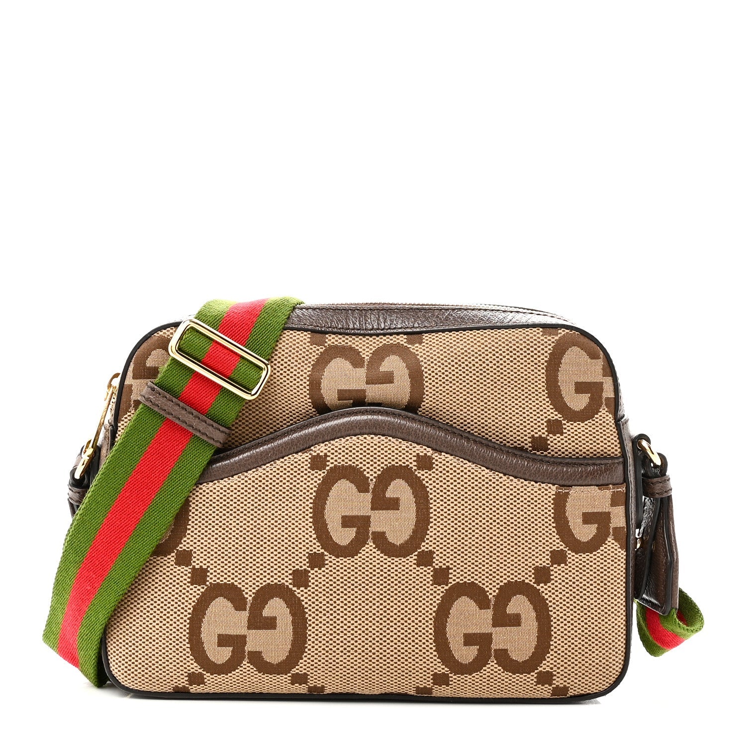 Monogram Jumbo GG Textured Dollar Calfskin Web Messenger Shoulder Bag Camel Ebony New Acero