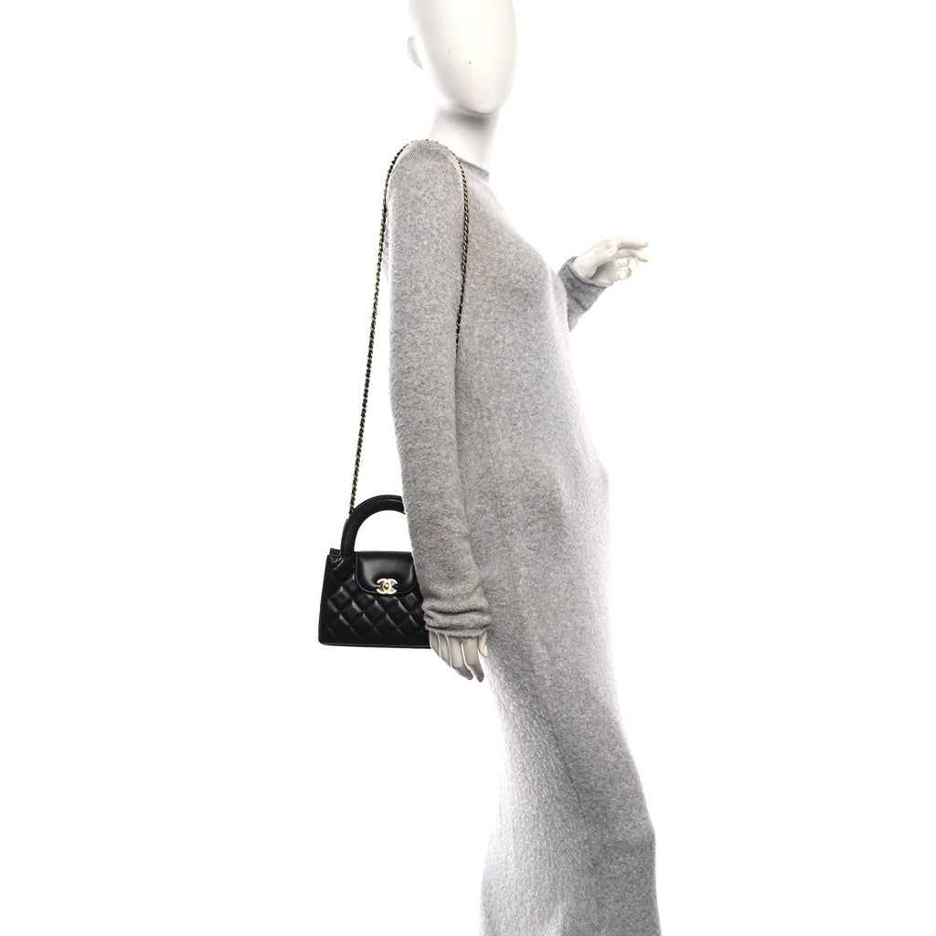 Shiny Aged Calfskin Quilted Nano Kelly Shopper Black