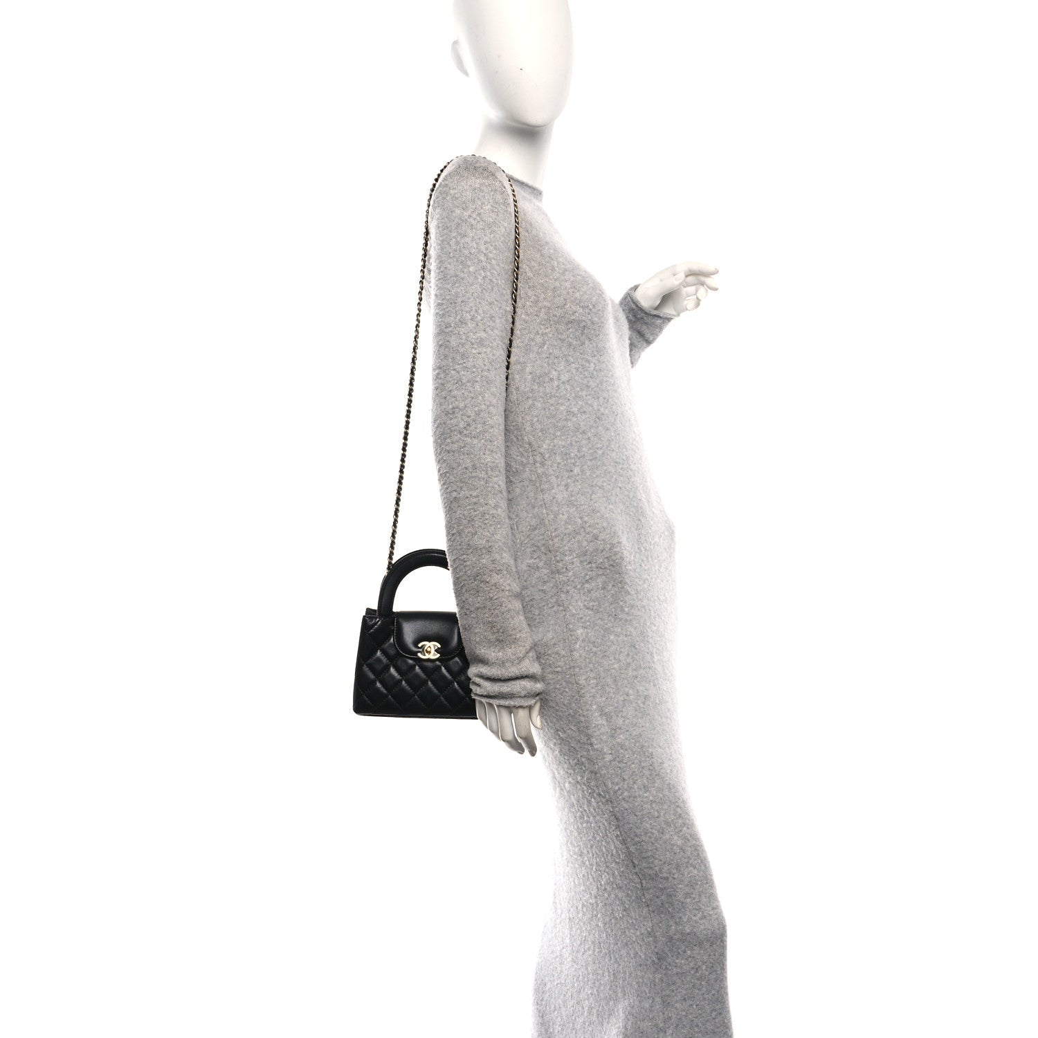 Shiny Aged Calfskin Quilted Nano Kelly Shopper Black