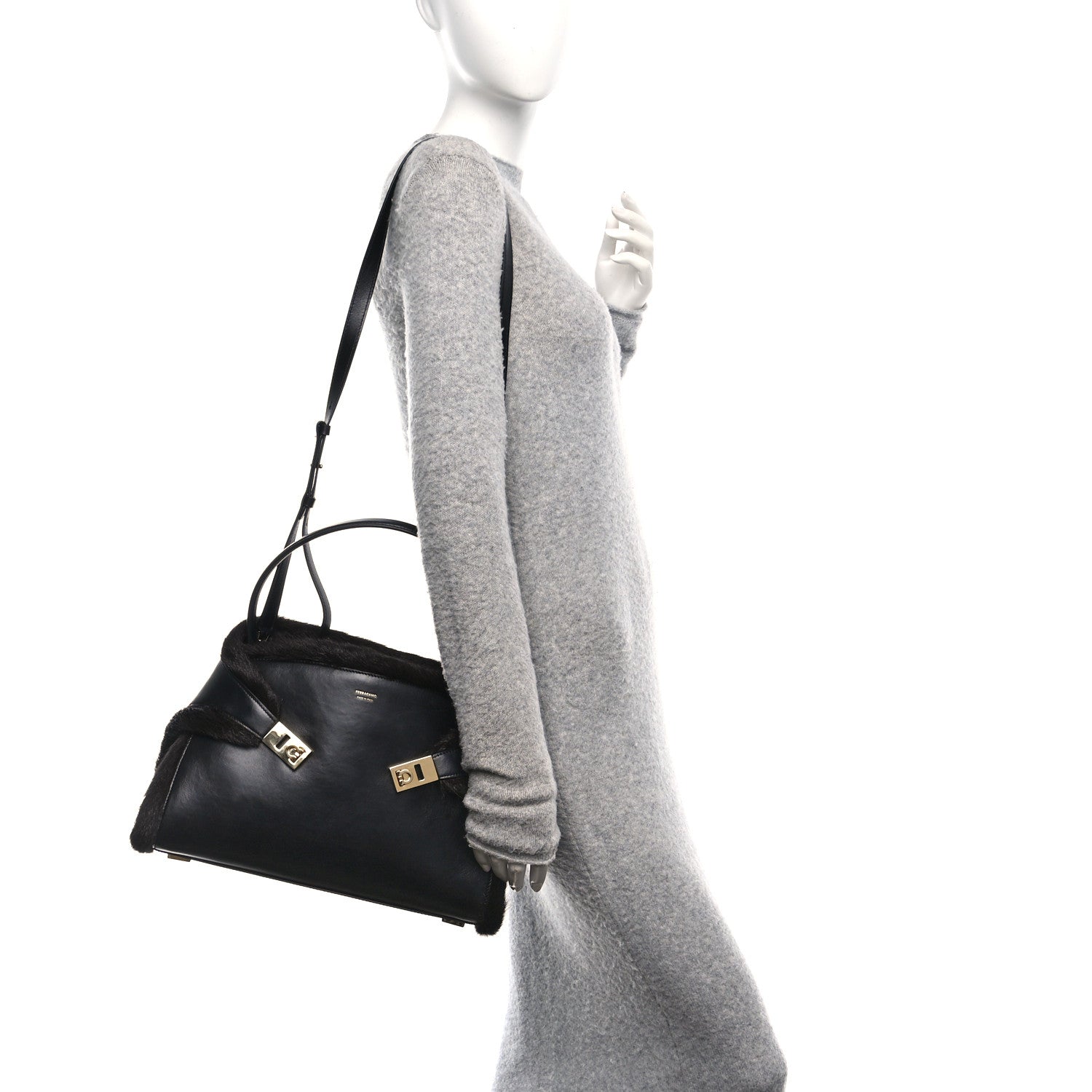 Calfskin Shearling Medium Hug Bag Black