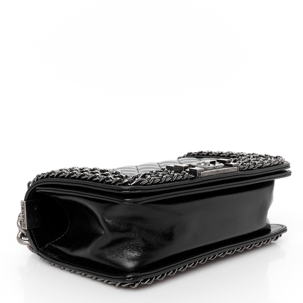 Glazed Calfskin Quilted Small Boy Chained Flap Black