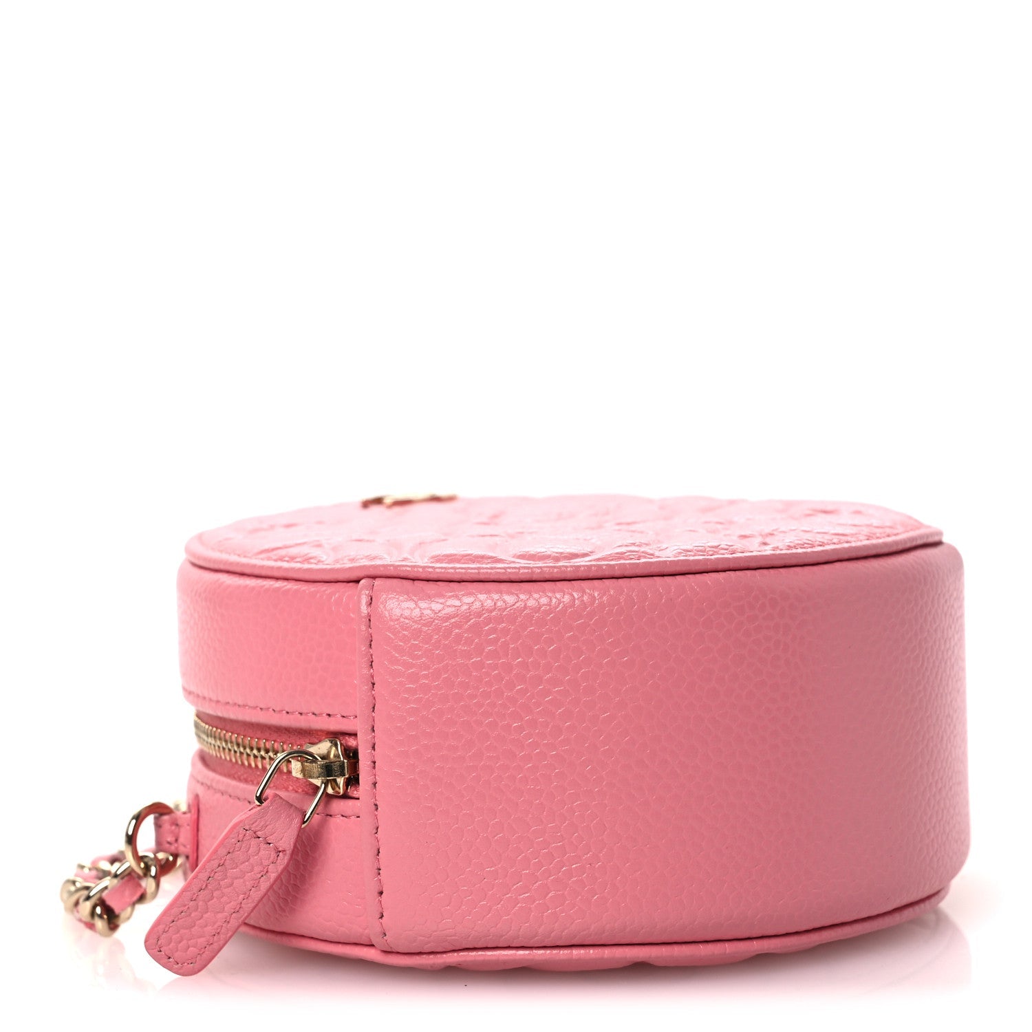 Caviar Camellia Embossed Round Clutch With Chain Pink