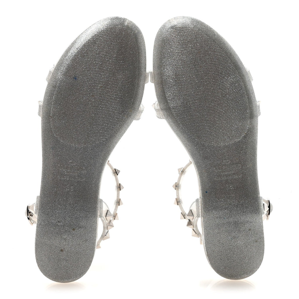 PVC Jelly Glitter Rockstud Caged Flat Thong Sandals 36 Silver