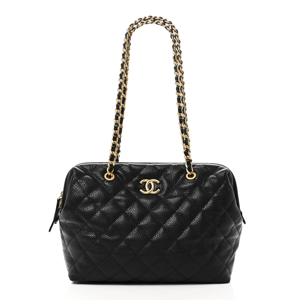 Shiny Caviar Quilted Large Bowling Bag Black