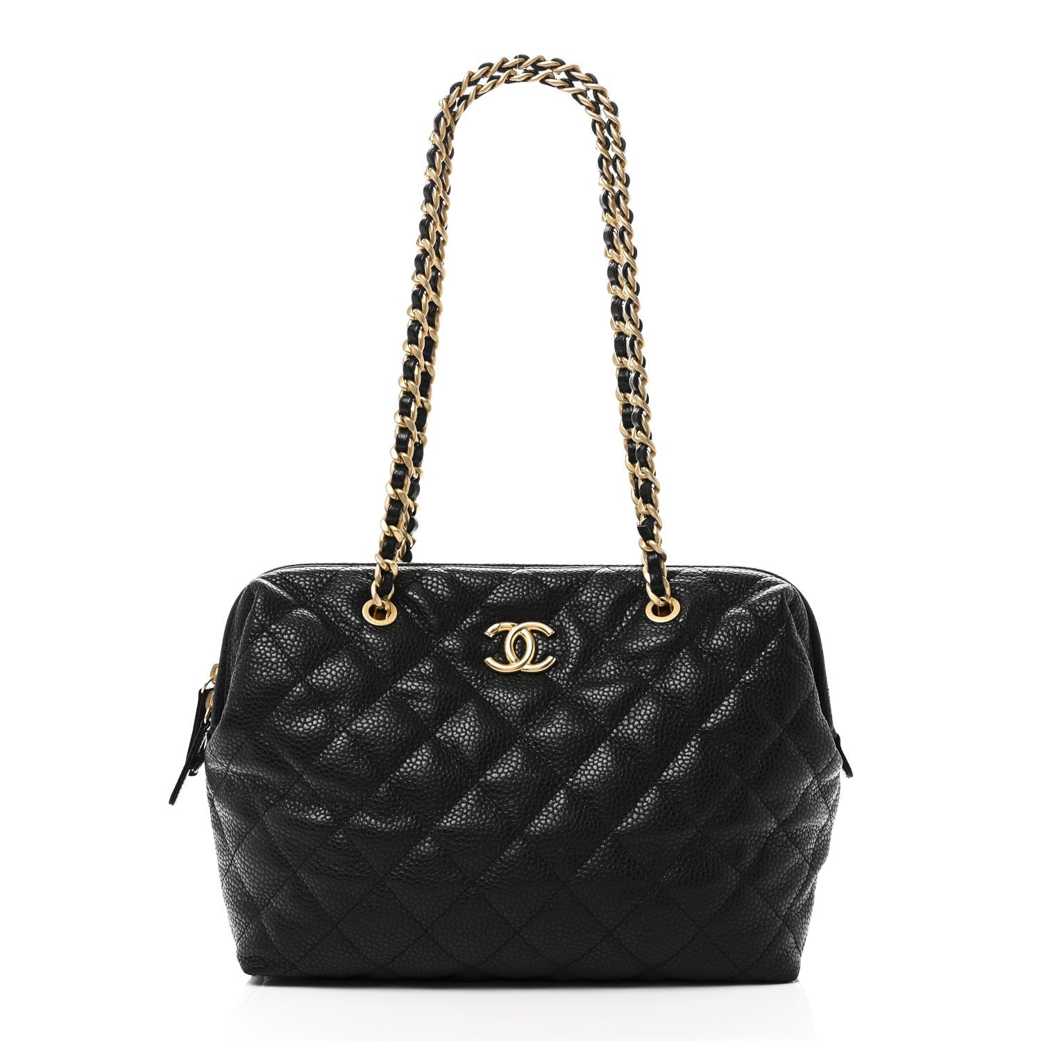 Shiny Caviar Quilted Large Bowling Bag Black