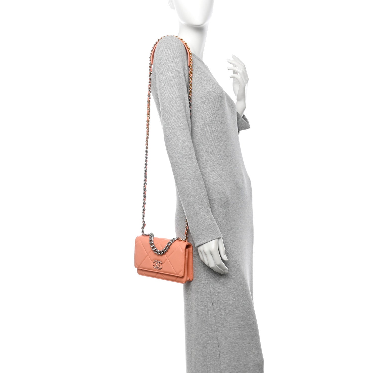 Lambskin Quilted Chanel 19 Wallet On Chain WOC Light Orange