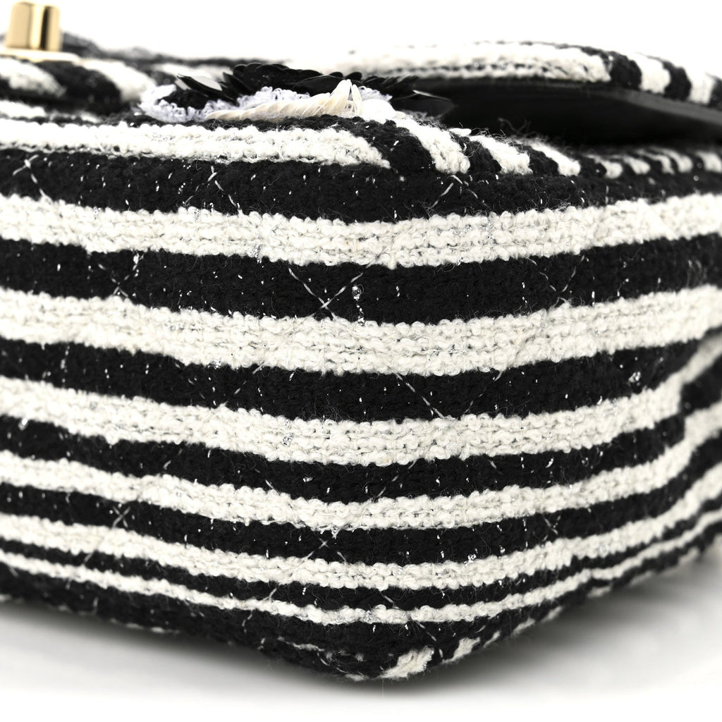 Striped Tweed Sequin Quilted Camellia Embellished Mini Rectangular Flap Ecru Black