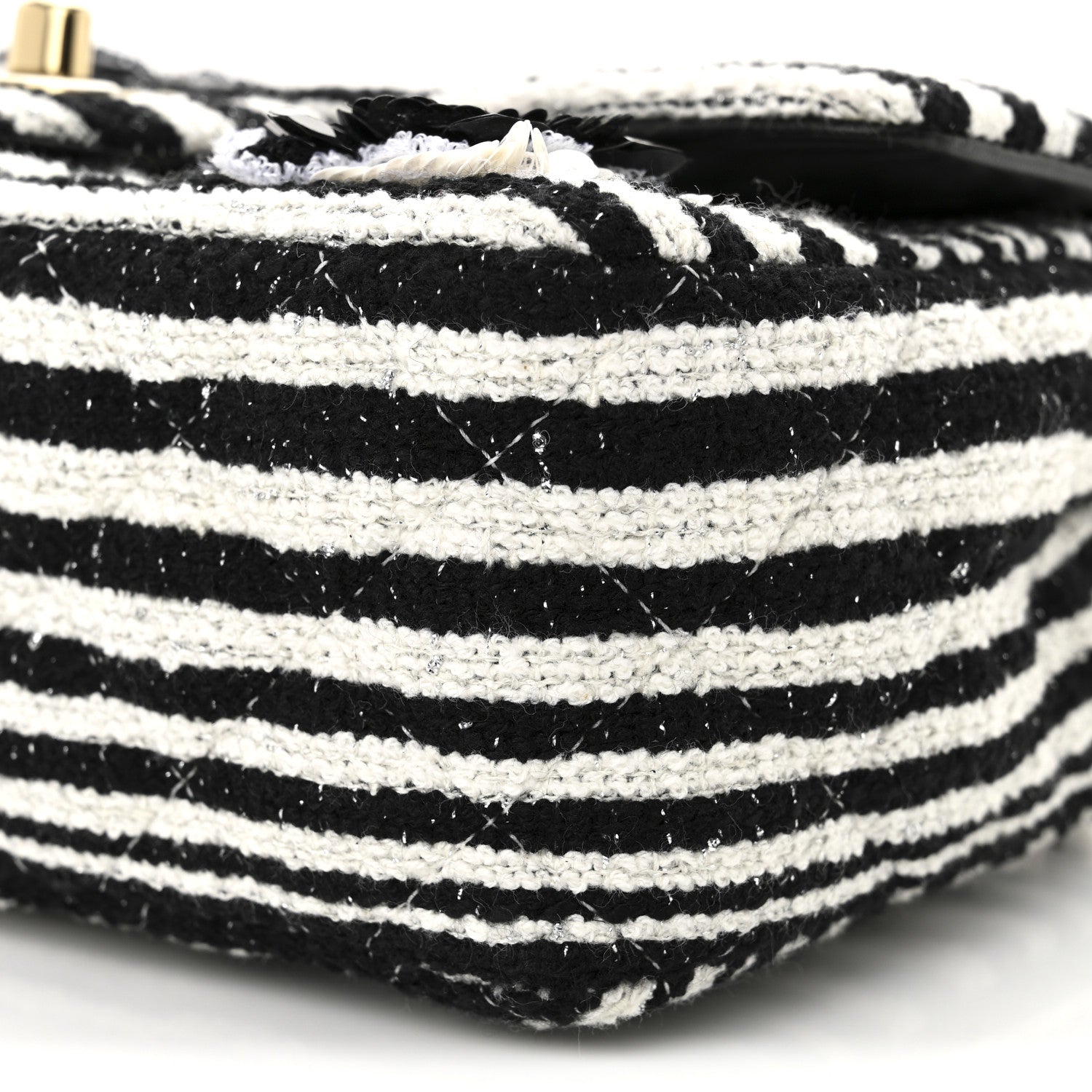 Striped Tweed Sequin Quilted Camellia Embellished Mini Rectangular Flap Ecru Black