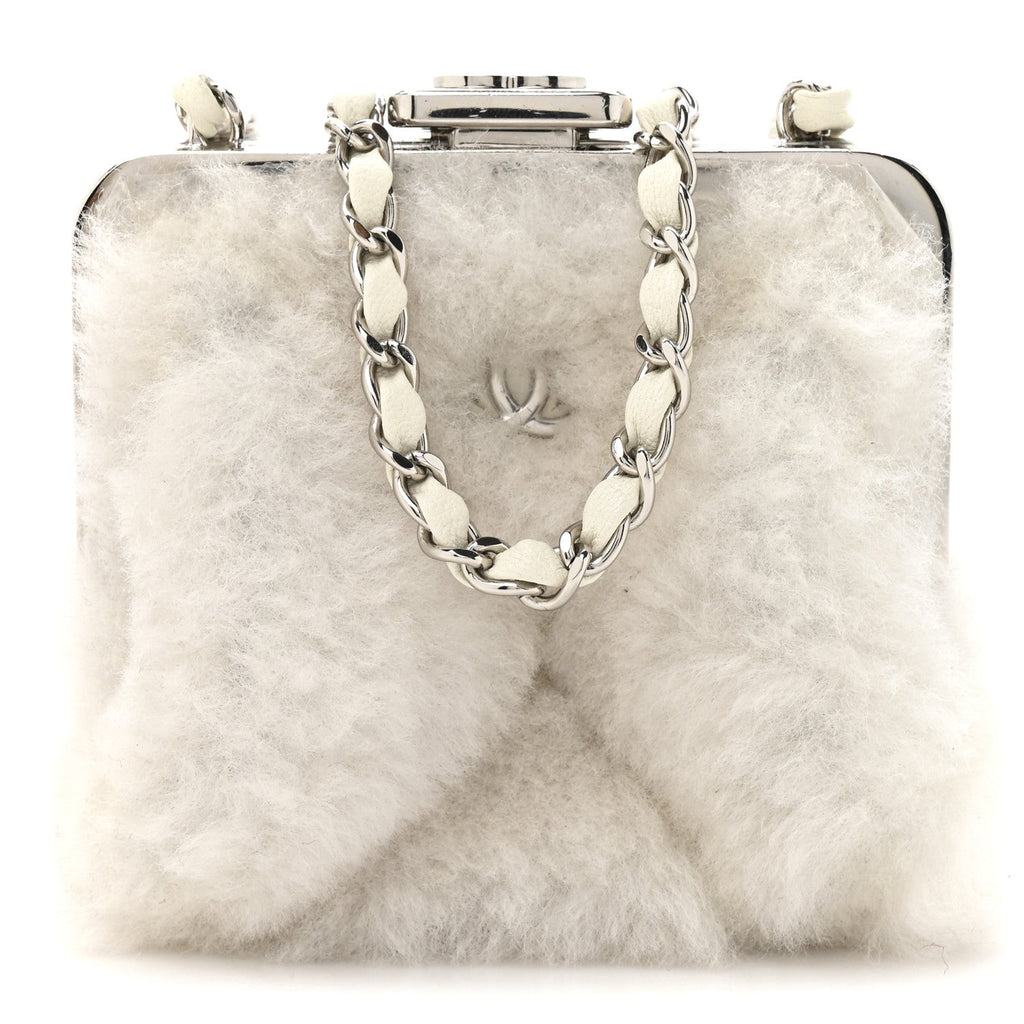 Shearling Sheepskin Lambskin Quilted Clutch With Chain White