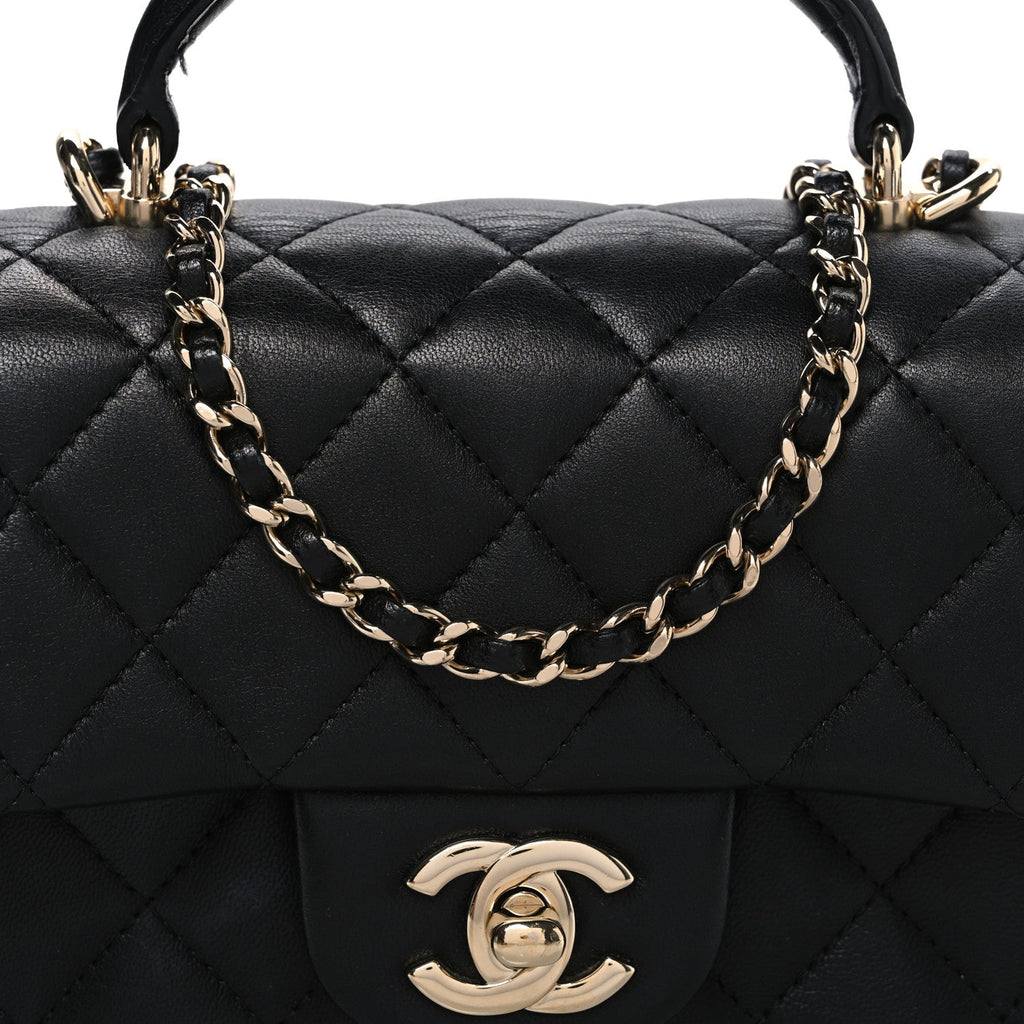 Lambskin Quilted Mini Top Handle Rectangular Flap Black
