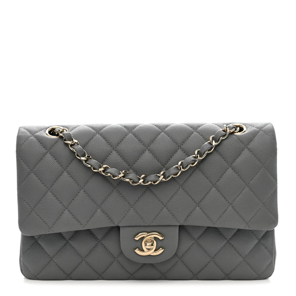Caviar Quilted Medium Double Flap Grey