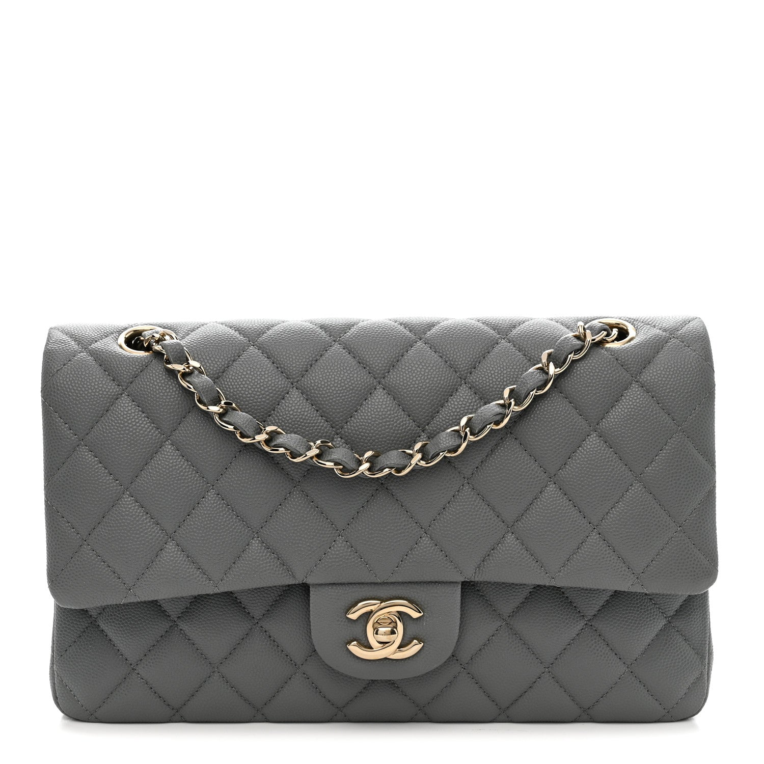 Caviar Quilted Medium Double Flap Grey