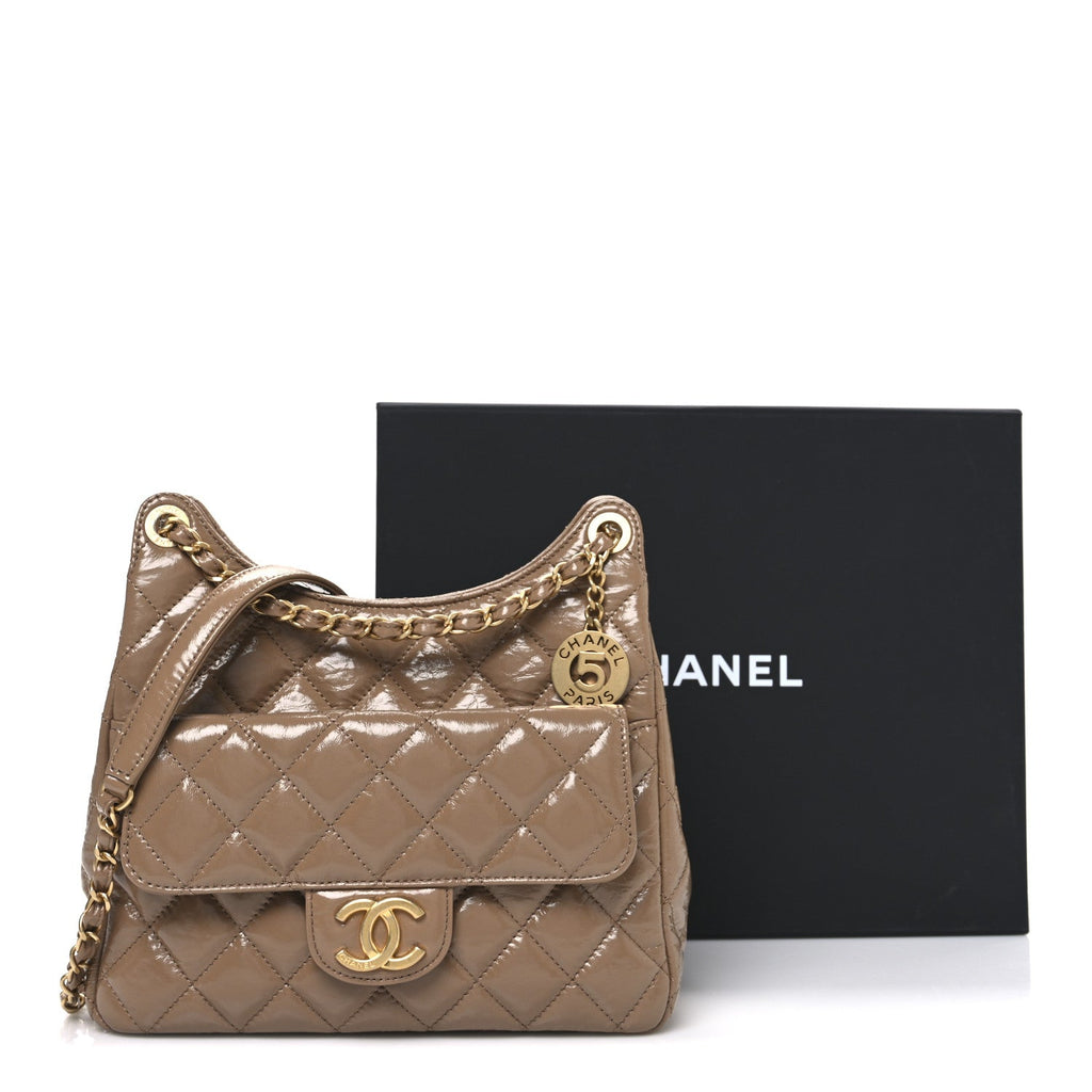 Shiny Crumpled Calfskin Quilted Wavy CC Hobo  Dark Beige