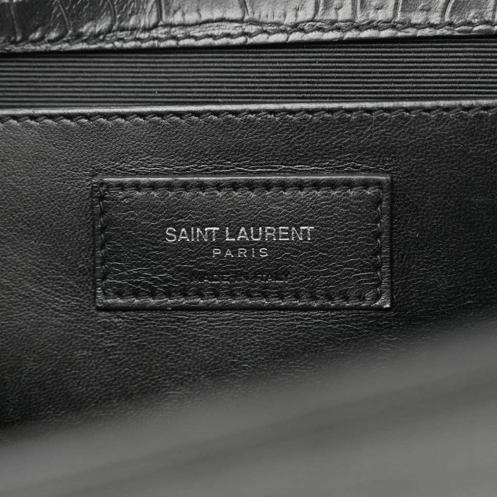 Calfskin Crocodile Embossed Large Classic Monogram Kate Satchel Black
