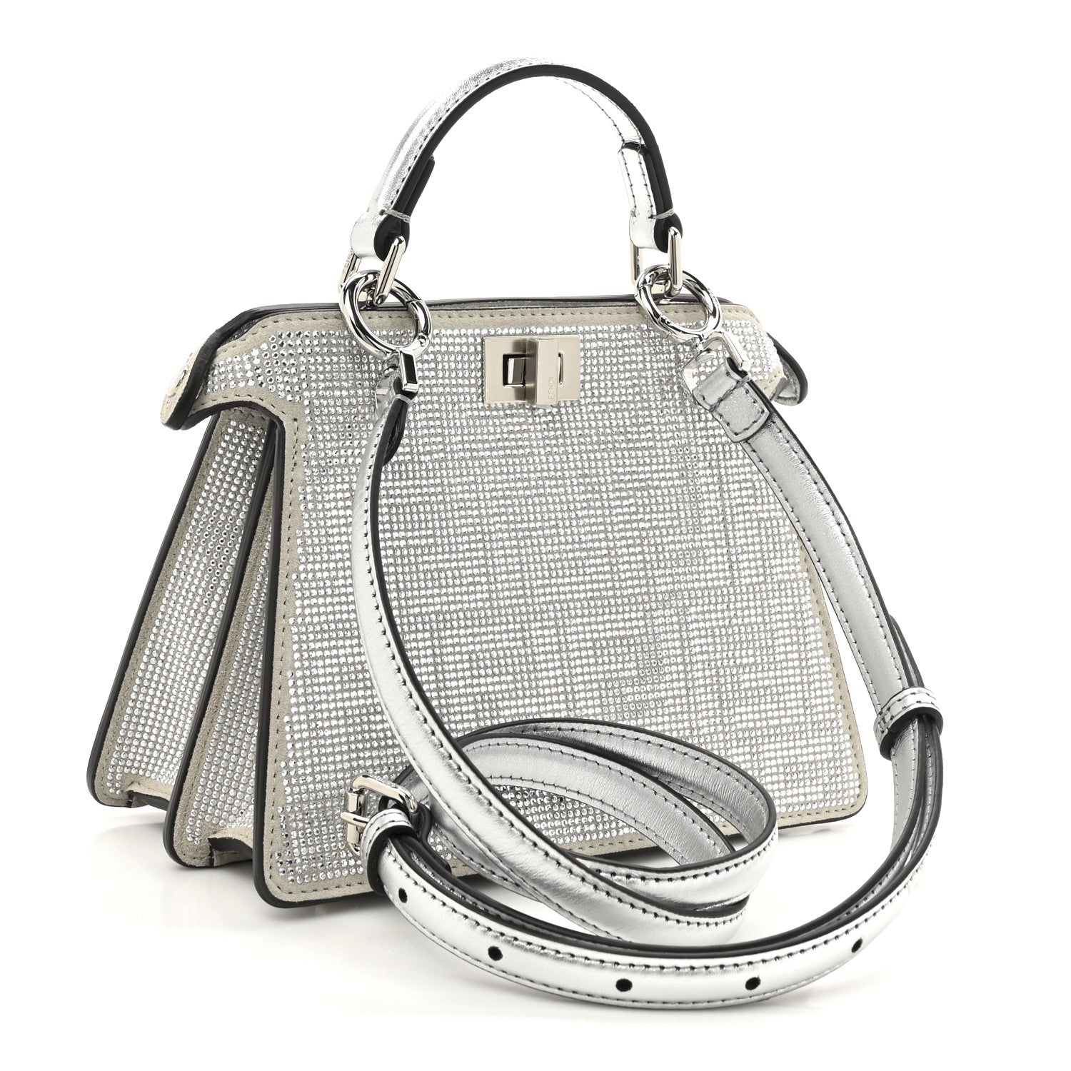 Crystal Vitello Laminato FF Petite Peekaboo I SEE U Satchel Crystal Argento