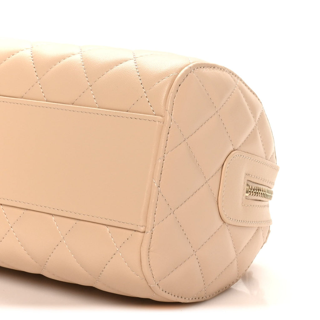 Lambskin Quilted Barrel Clutch With Chain Light Beige