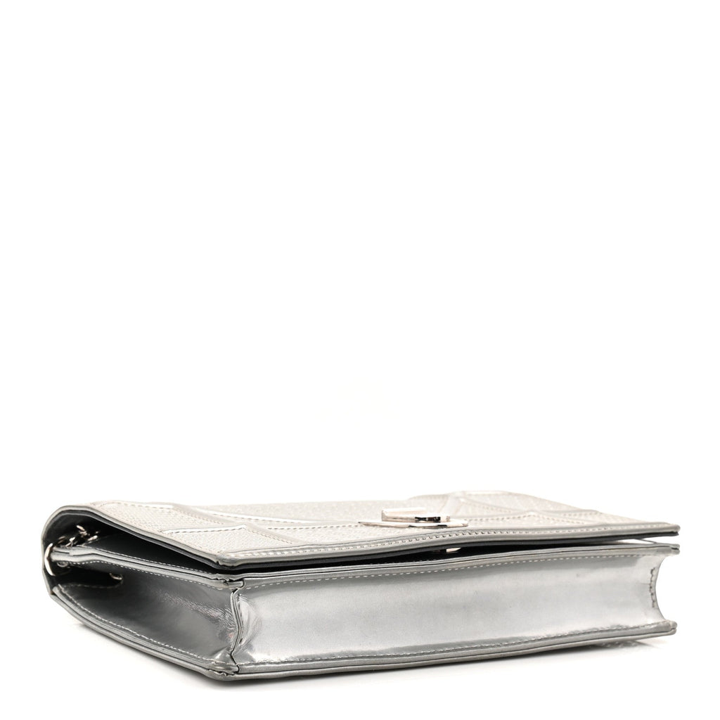 Metallic Patent Micro-Cannage Diorama Wallet on Chain Pouch Silver