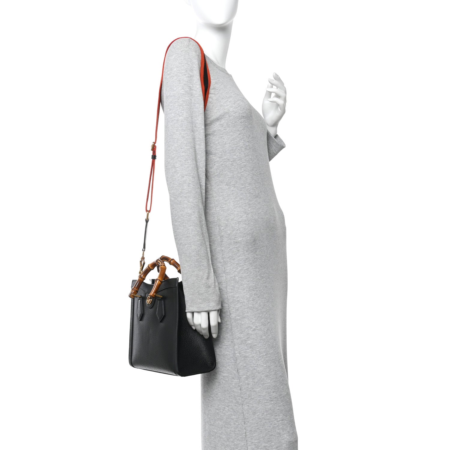 Textured Dollar Calfskin Web Small Diana Tote Bag Black Dusty Grey
