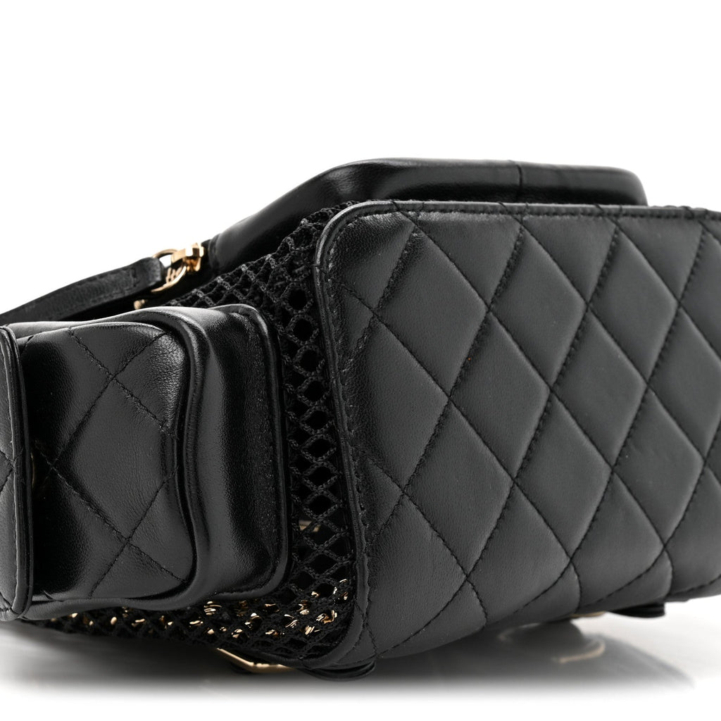 Shiny Lambskin Mesh Quilted Small Cargo Duma Drawstring Backpack Black