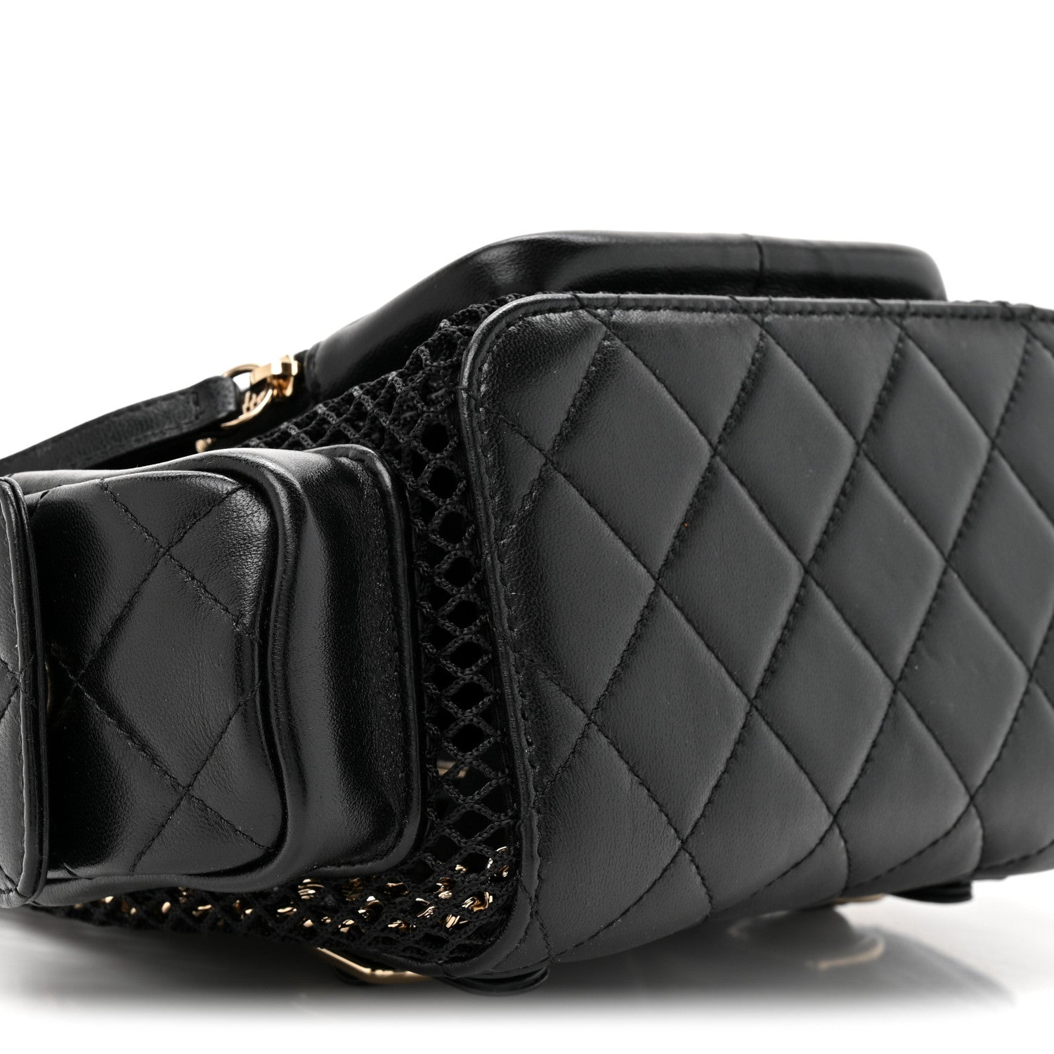 Shiny Lambskin Mesh Quilted Small Cargo Duma Drawstring Backpack Black